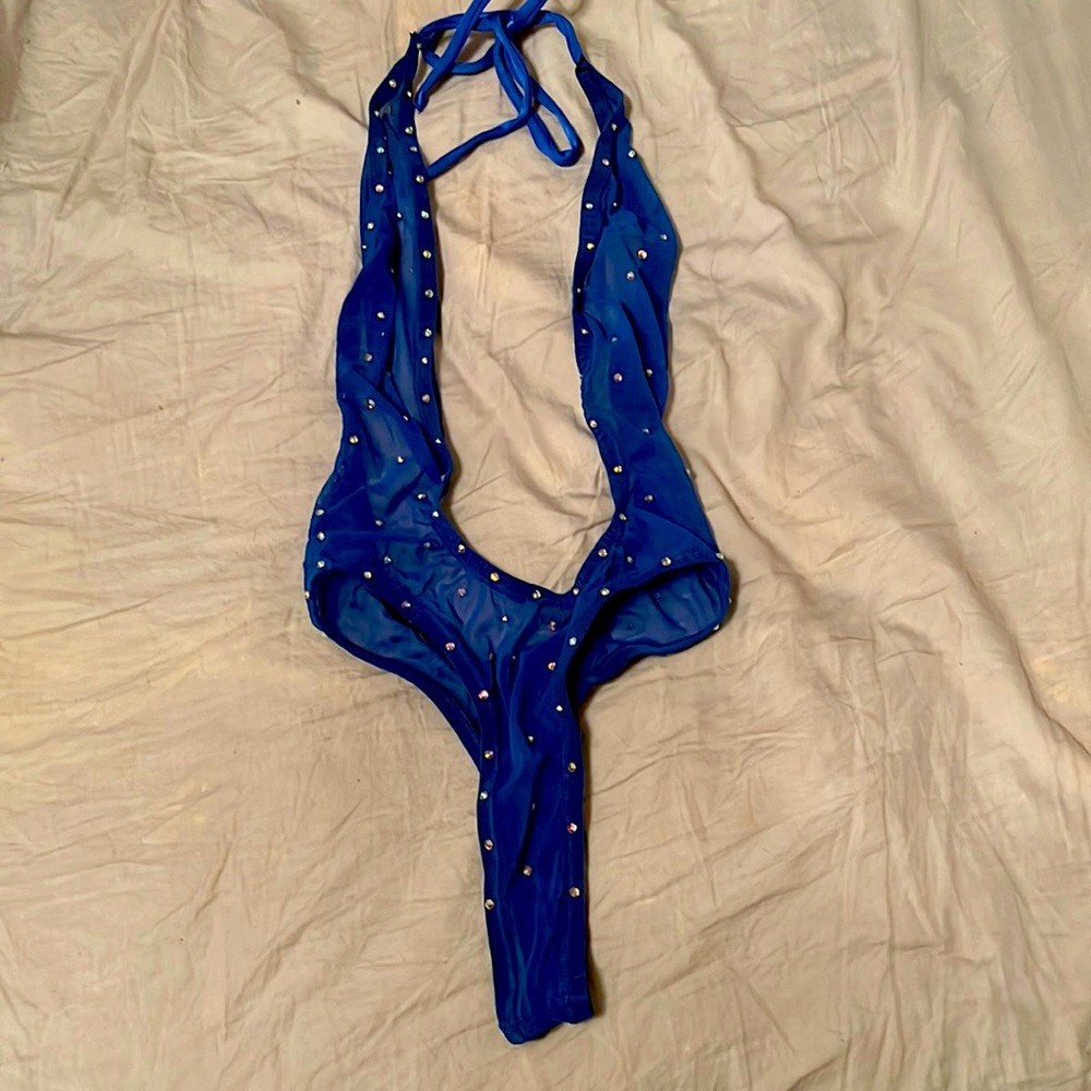 Exotic dancewear thong deep v bodysuit with crystals